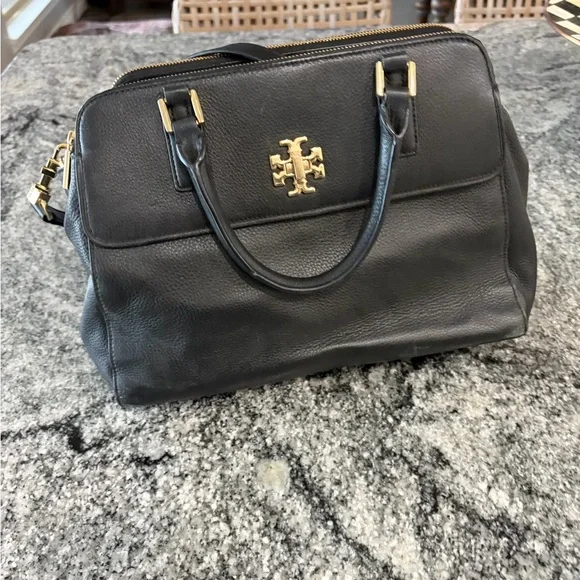 Tory Burch Black Leather Satchel with Gold Accents - Picture 1 of 4